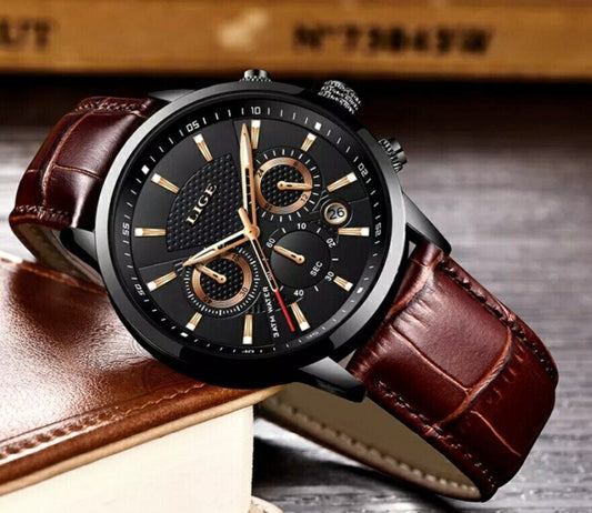 Mens Watch Luxury Leather Chronograph Sport Automatic Quartz Fashion Wristwatch