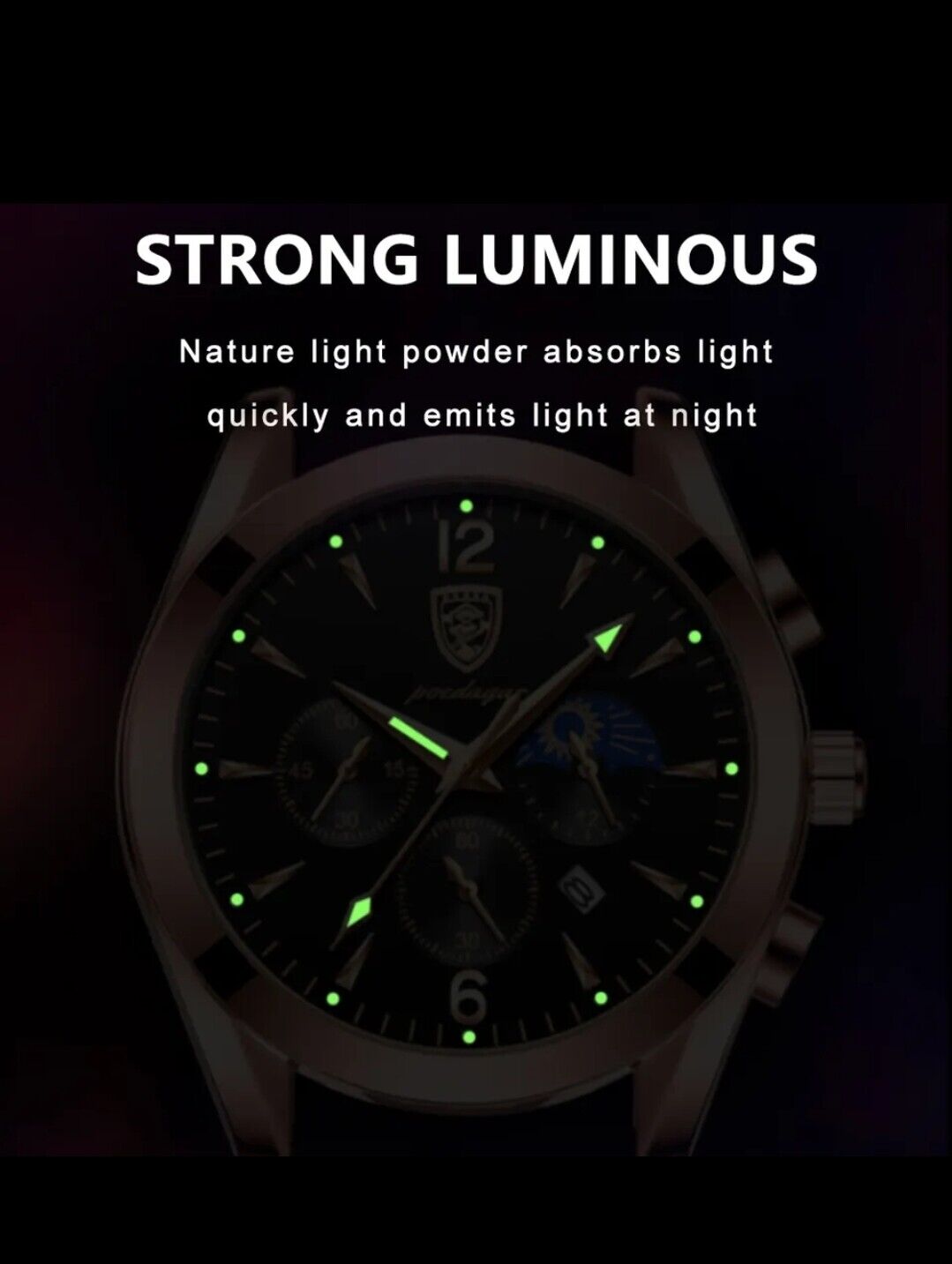 Men's Luxury Leather Watch Casual Moon Phase Luminous Chronograph Wristwatch