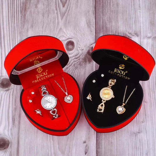 Valentines Jewellery Gift Set Heart Velvet Gift Box Watch Ring Necklace Earrings