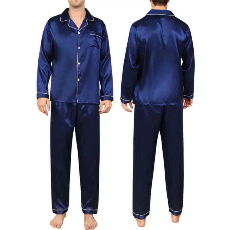 Men's Pyjamas Loungewear Set Silk Satin Nightwear Short Long Sleeved Blue Black