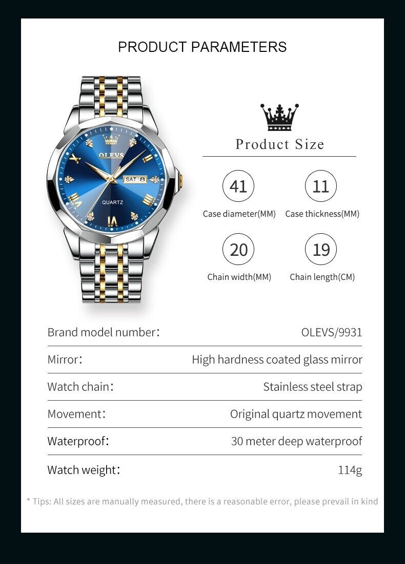 Mens Luxury Watch Business Fashion Wrist Watches Waterproof Quartz Calendar