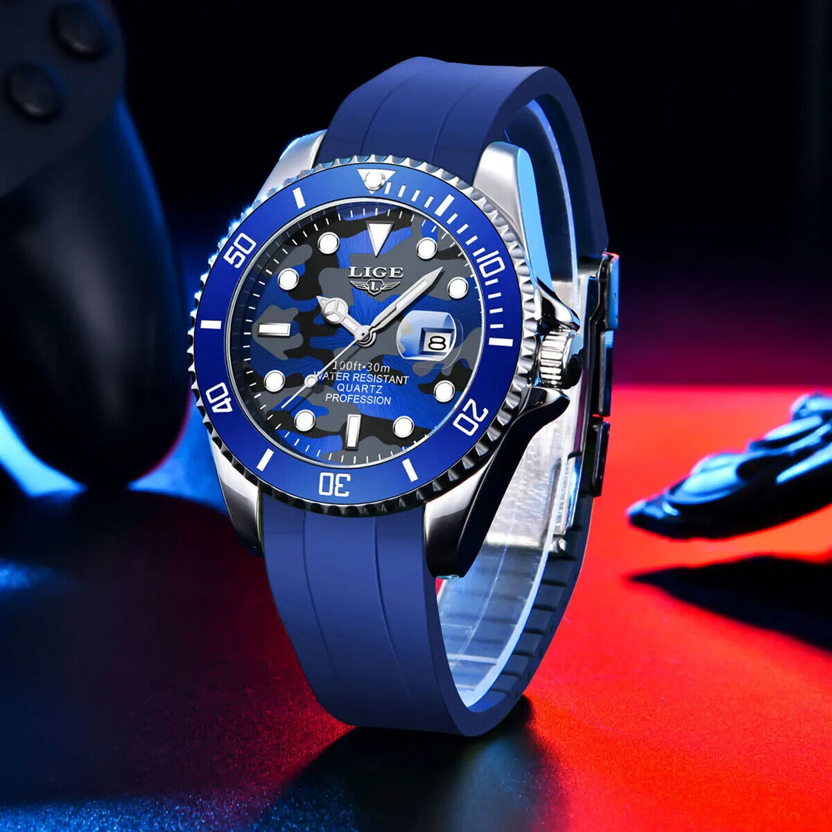 Mens Diving Waterproof Swimming Watch Silicone Strap Luminous Date Quartz