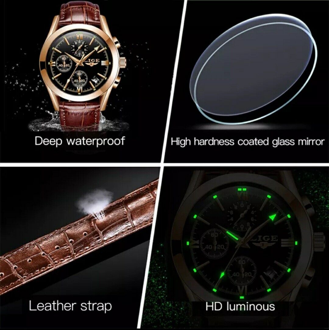 Mens Lige Chronograph Sports Waterproof Classic Quartz Leather Luxury Watch