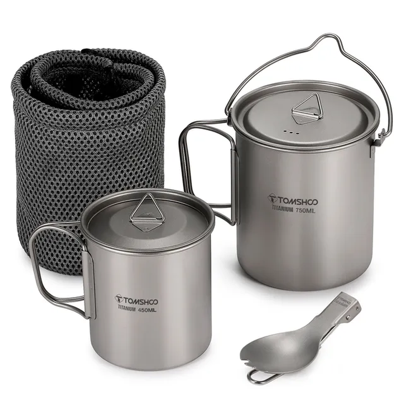 3 PCS Titanium Cookware Set Ultralight 750Ml Pot 450Ml Water Cup Mug W Lid Foldi