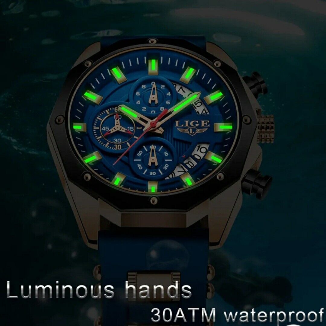 Mens Luxury Watch Chronograph Waterproof Sports Wristwatch Blue Gold LIGE 2024