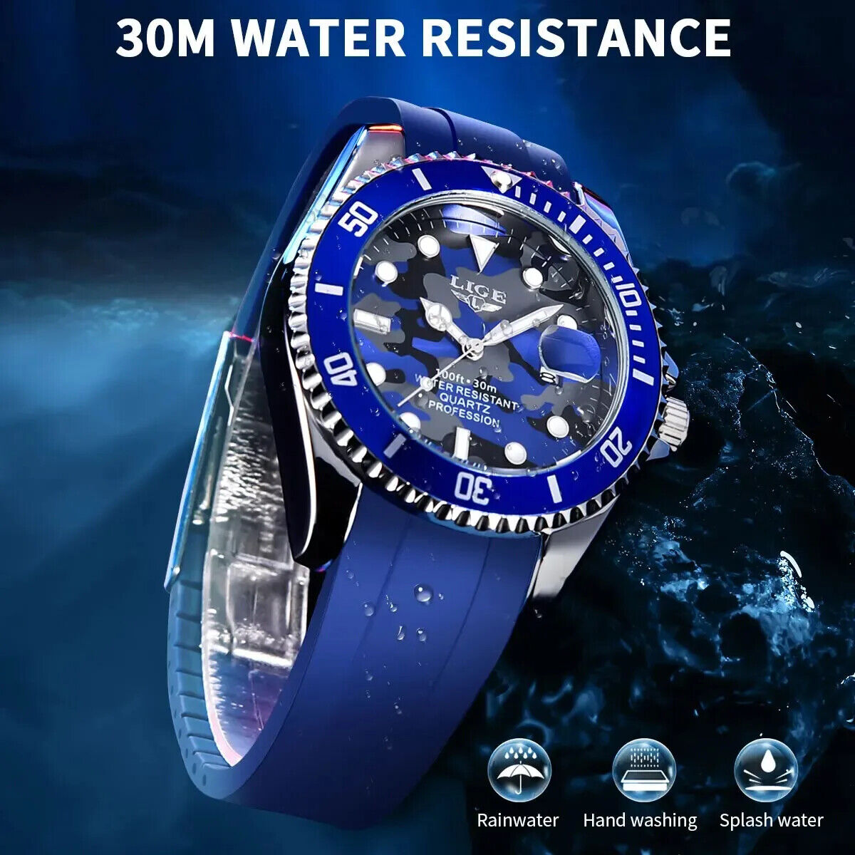 Mens Diving Waterproof Swimming Watch Silicone Strap Luminous Date Quartz