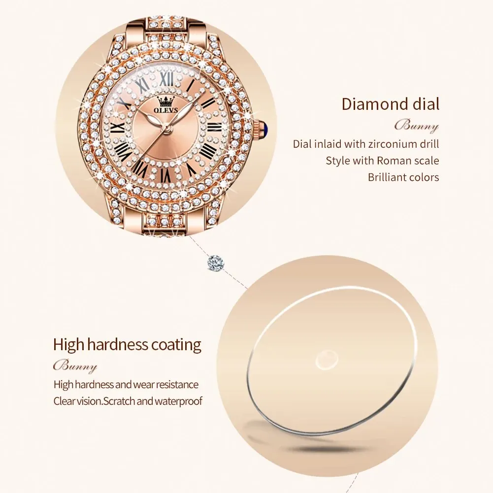 9943 Luxury All Diamond Original Quartz Watch for Women Elegant Rose Gold Stainl