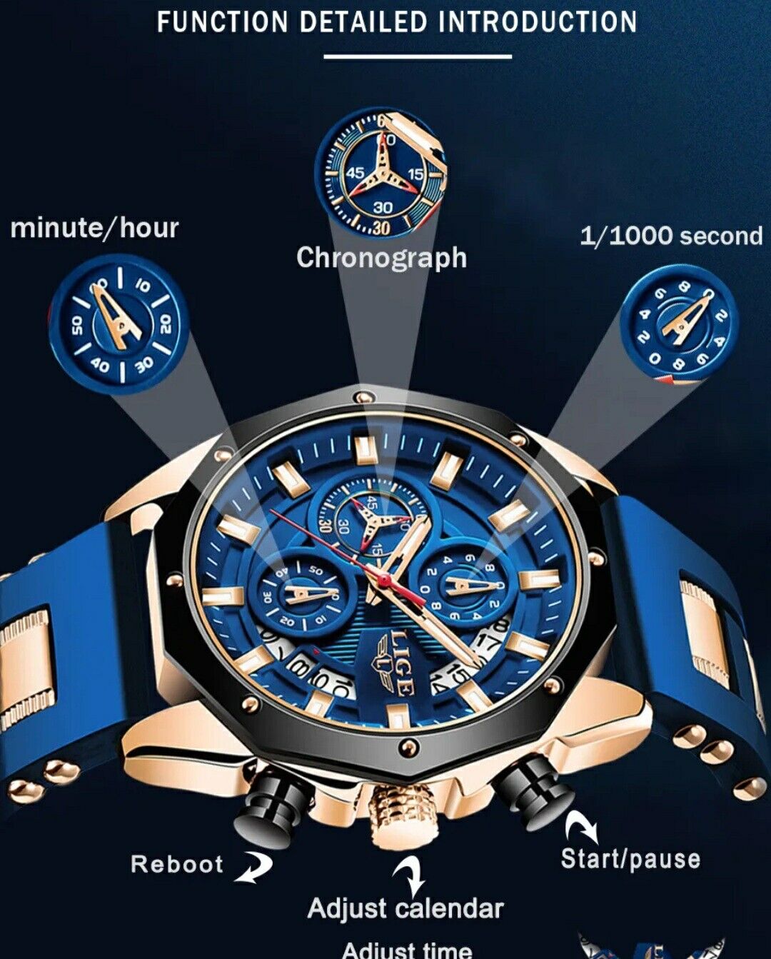 Mens Luxury Watch Chronograph Waterproof Sports Wristwatch Blue Gold LIGE 2024