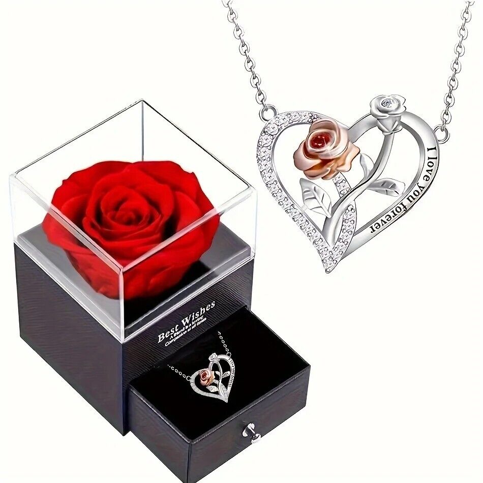 Jewellery Gift Box Set Ladies Women's Girls Silver & Rose Heart Fashion Necklace