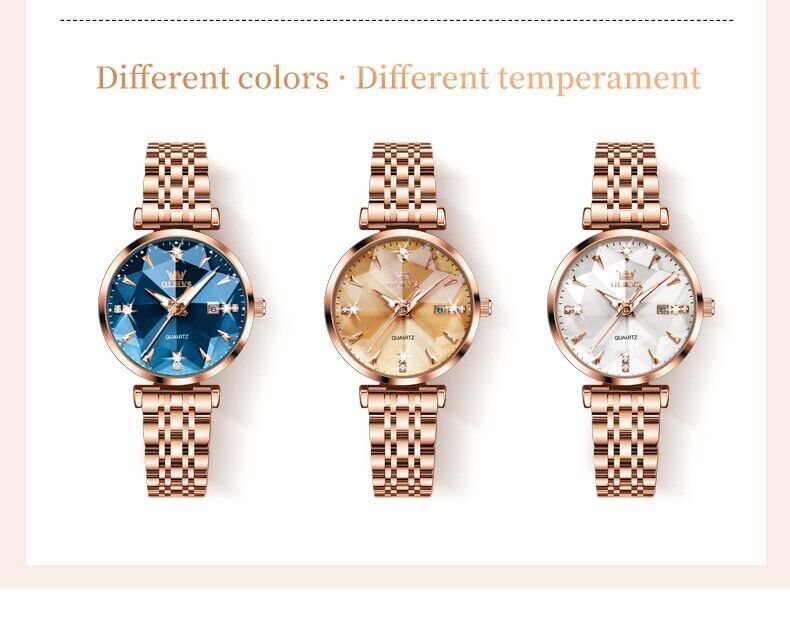 Womens Watches Luxury Fashion Design Rose Gold Blue Stainless Steel Waterproof