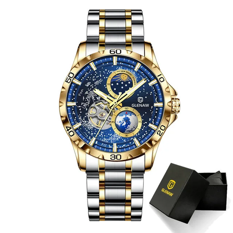 Mens Timing Mechanical Wristwatch Moonlight Phase Waterproof Watch Tuo Flywheel