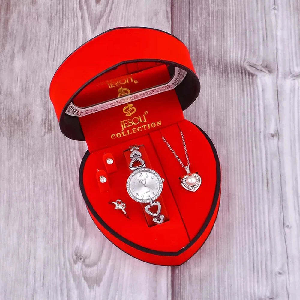 Valentines Jewellery Gift Set Heart Velvet Gift Box Watch Ring Necklace Earrings