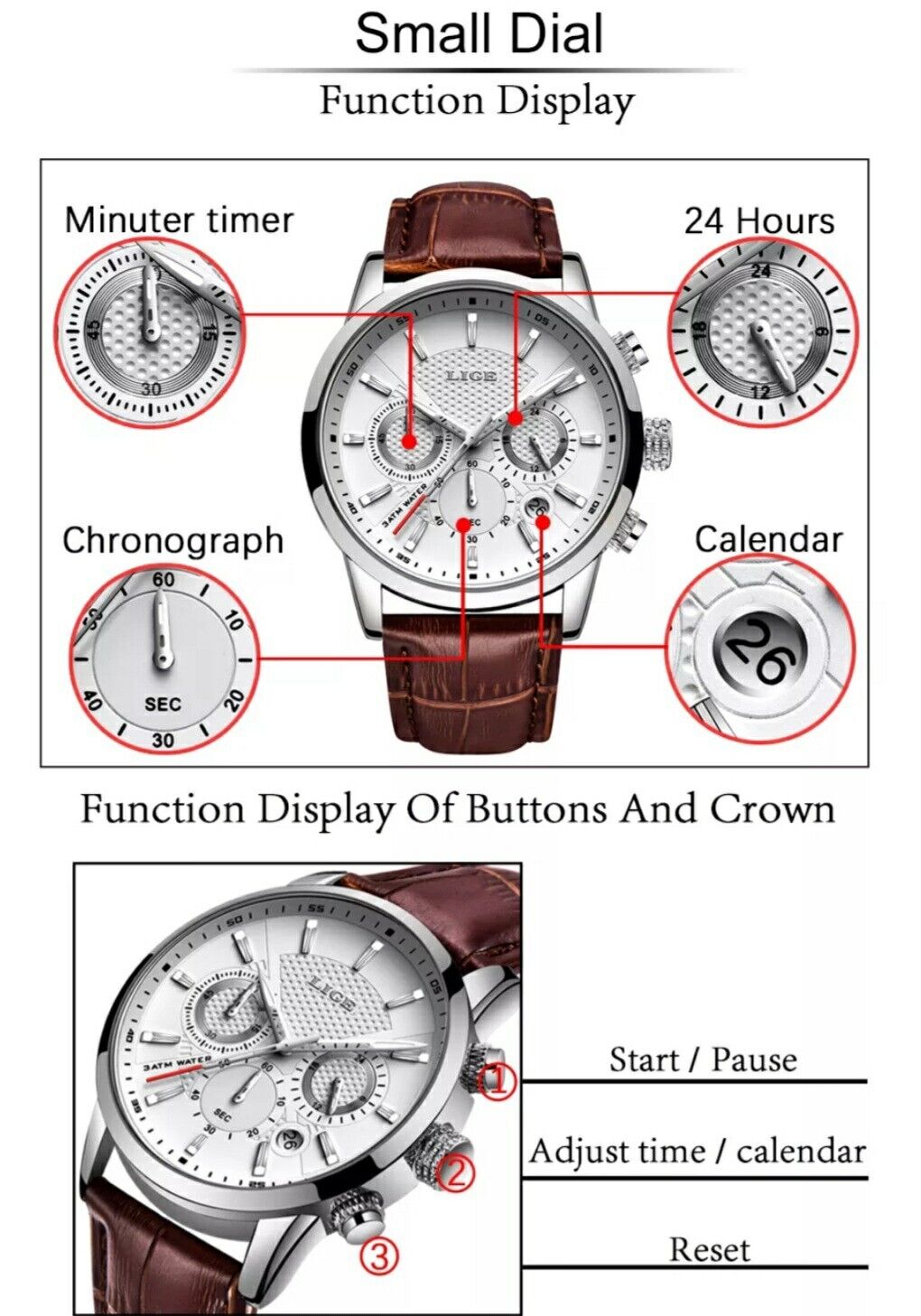 Mens Luxury Leather Chronograph Sport Automatic Quartz Wristwatch Gift Ideas