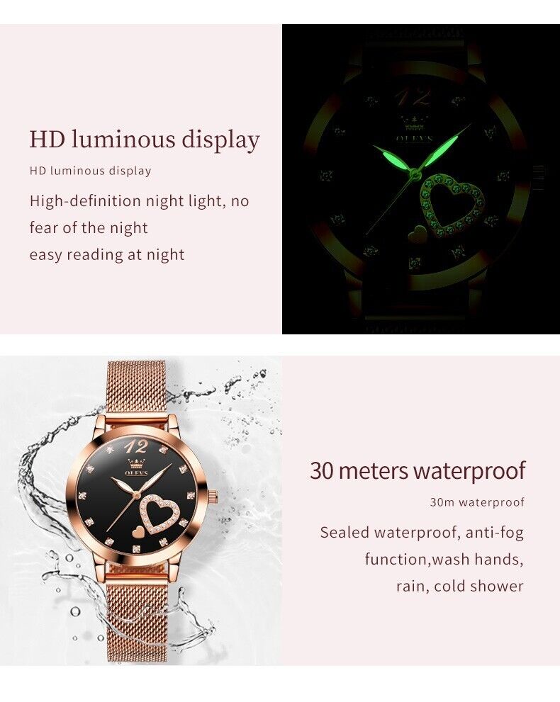 Womens Watch Diamond Heart Luminous Waterproof Luxury Ladies Wrist Watches Gift