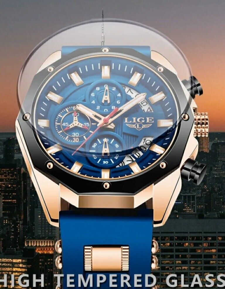 Mens Luxury Watch Chronograph Waterproof Sports Wristwatch Blue Gold LIGE 2024