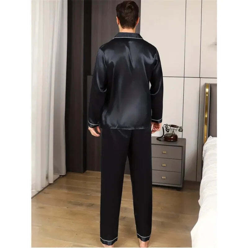 Men's Pyjamas Loungewear Set Silk Satin Nightwear Short Long Sleeved Blue Black