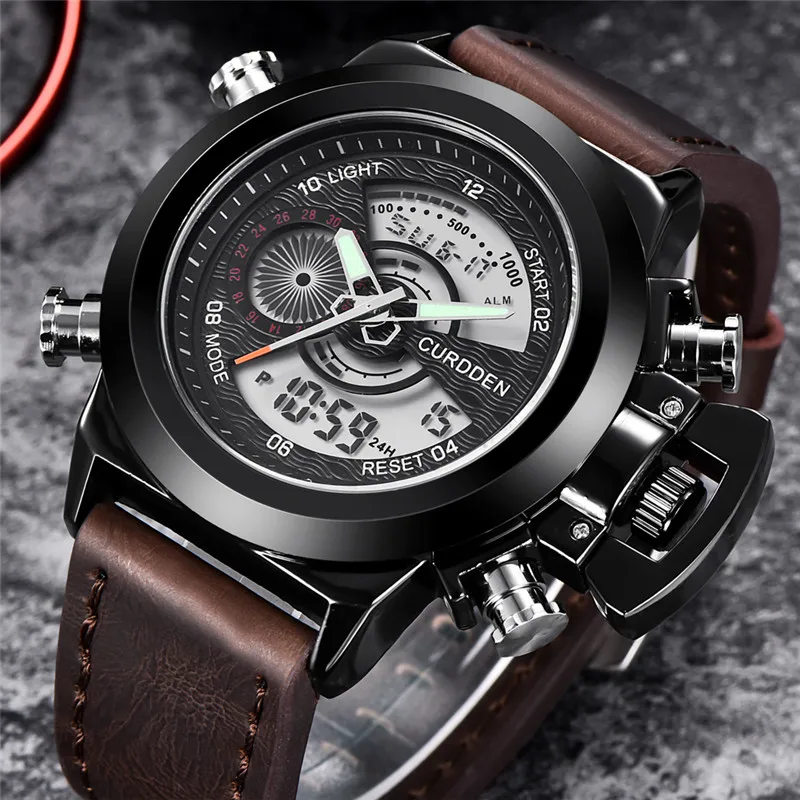 Mens  Dual Time Watches Fashion Leather Band Chronograph Military Multi-Function