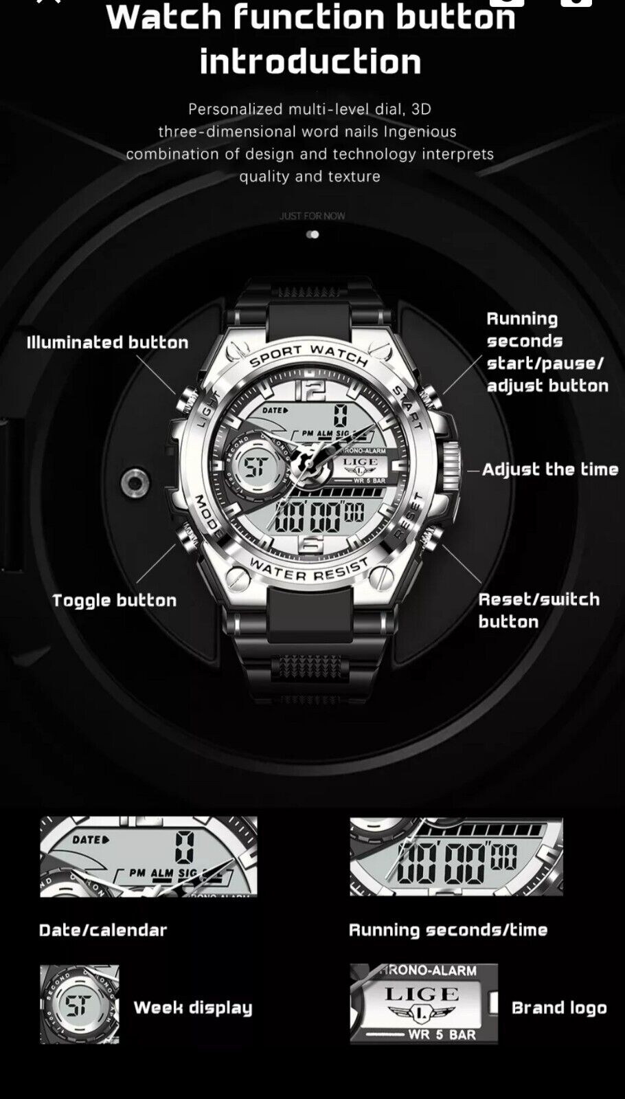 Mens Watches Digital and Analogue Waterproof Quartz Wrist Fashion Heavy Duty LED