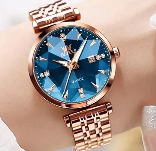 Womens Watches Luxury Fashion Design Rose Gold Blue Stainless Steel Waterproof