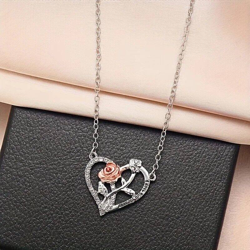 Jewellery Gift Box Set Ladies Women's Girls Silver & Rose Heart Fashion Necklace