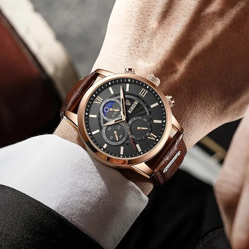 Mens Watches Luxury Brown Leather Casual Quartz Watch Sport Waterproof