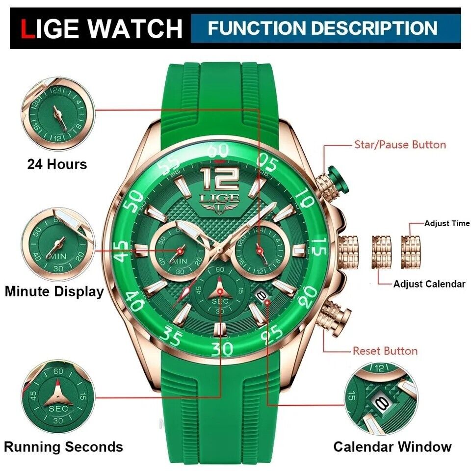 Womens Watch Luxury Sports Stop Watch Luminous Chronograph Auto Date Wristwatch