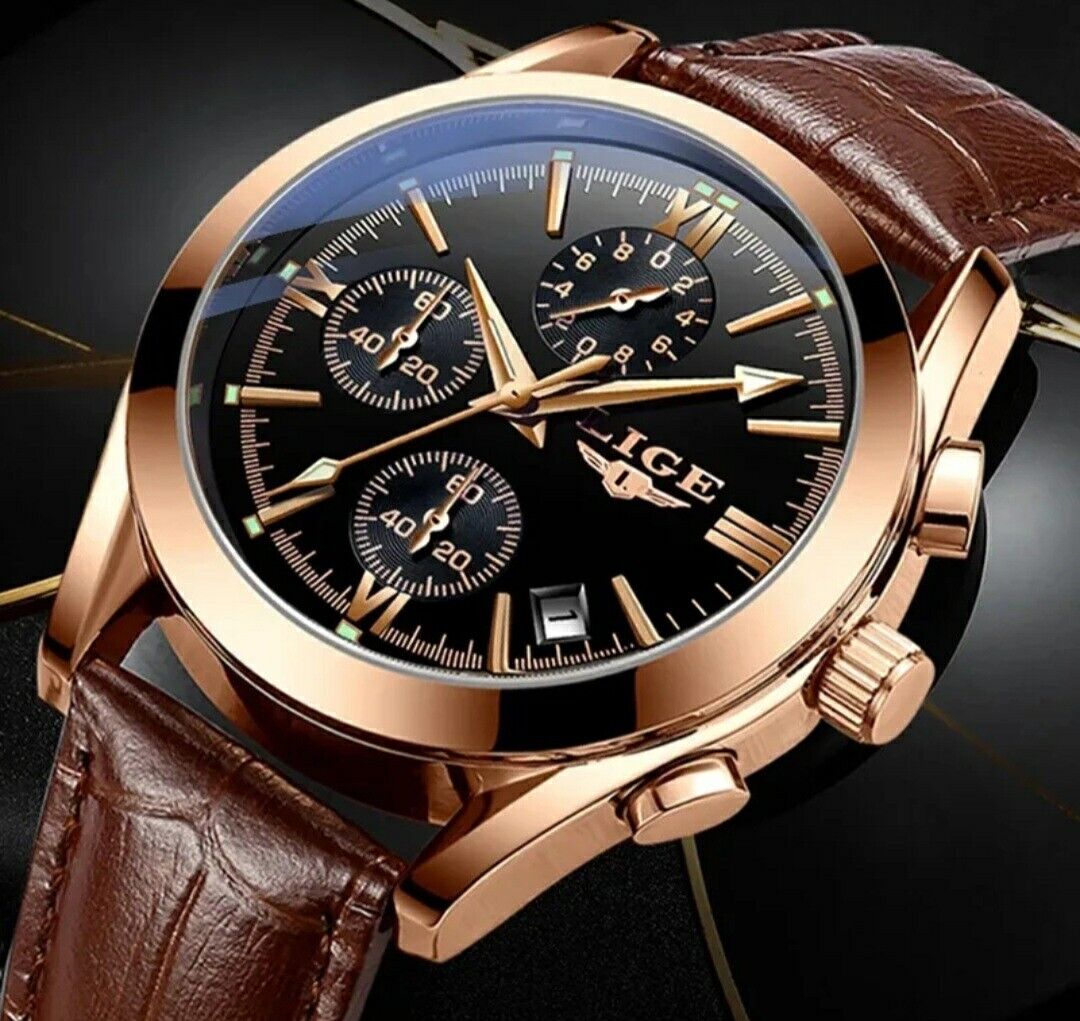 Mens Lige Chronograph Sports Waterproof Classic Quartz Leather Luxury Watch