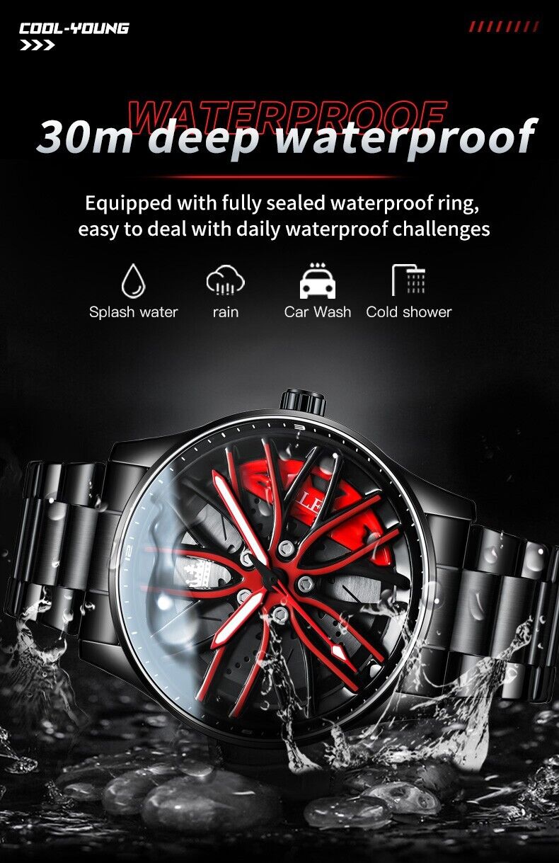 Mens Luxury Watch Waterproof Luminous Fashion Wristwatch Car Wheel Hub Design