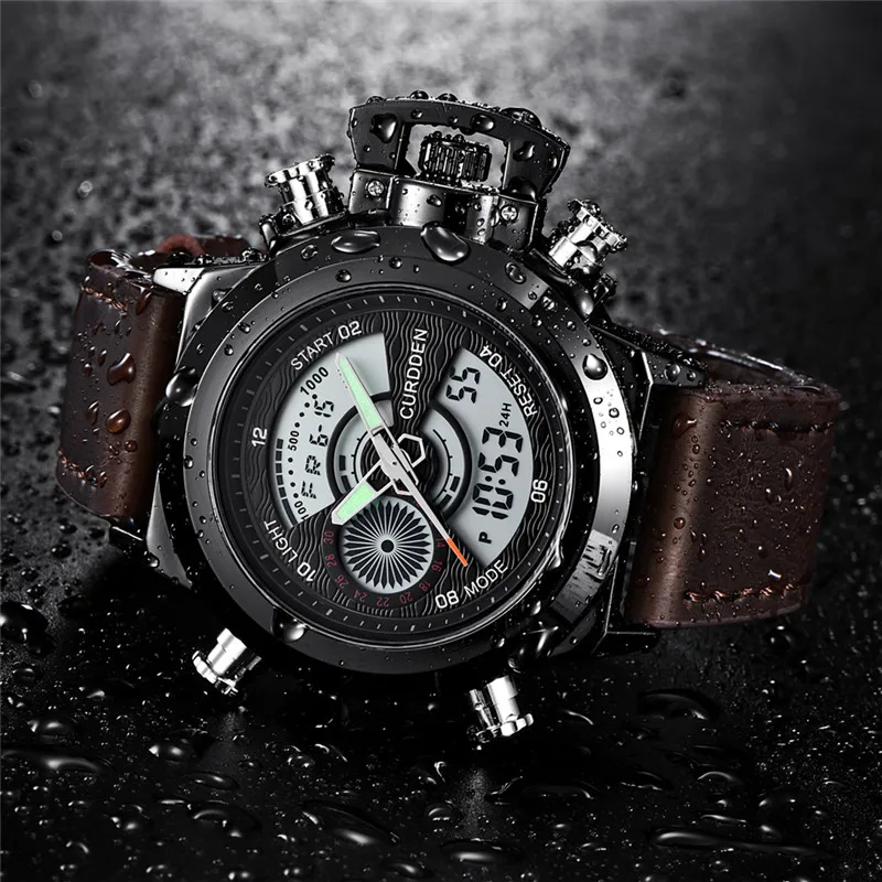 Mens  Dual Time Watches Fashion Leather Band Chronograph Military Multi-Function