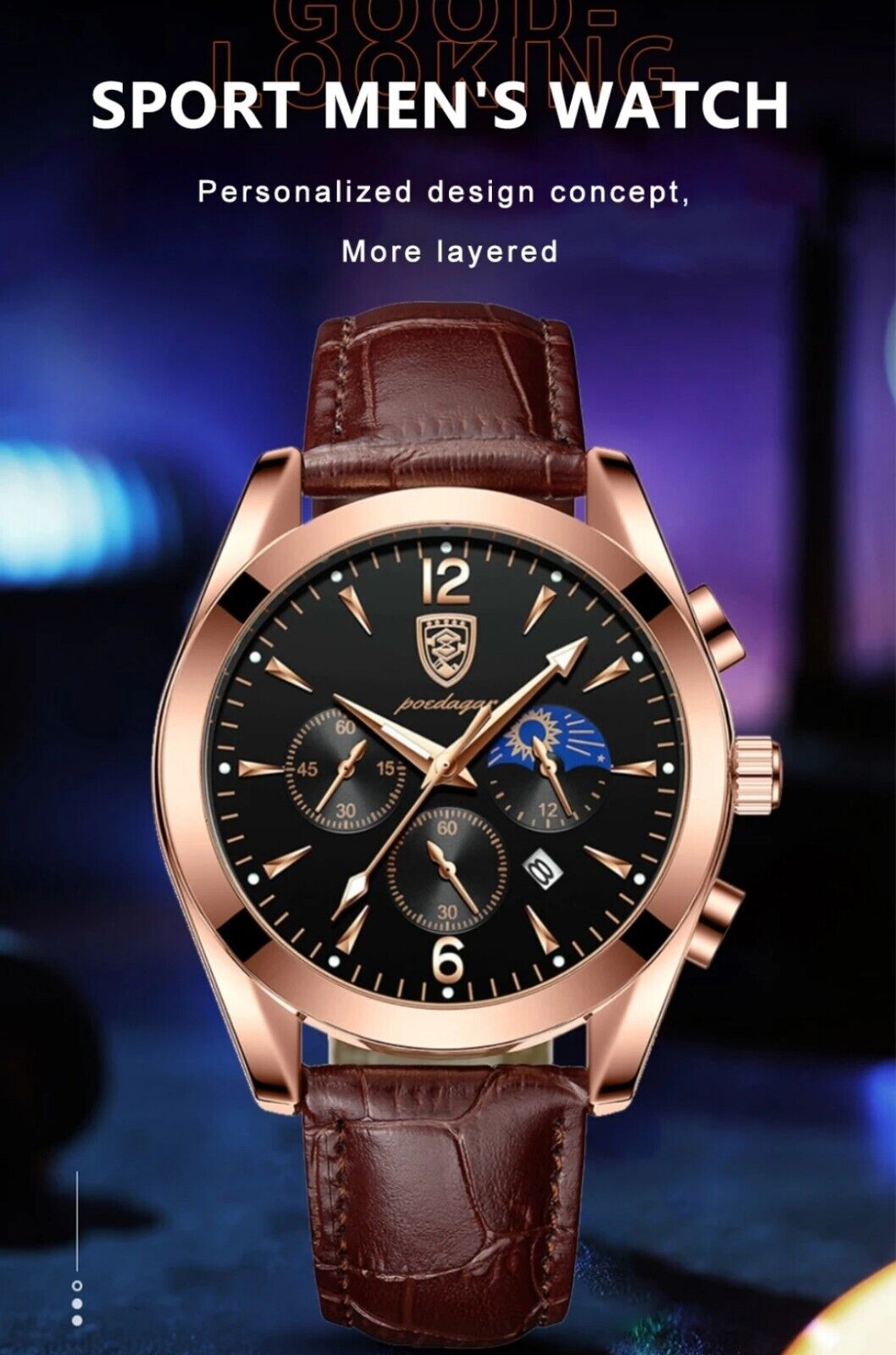 Men's Luxury Leather Watch Casual Moon Phase Luminous Chronograph Wristwatch