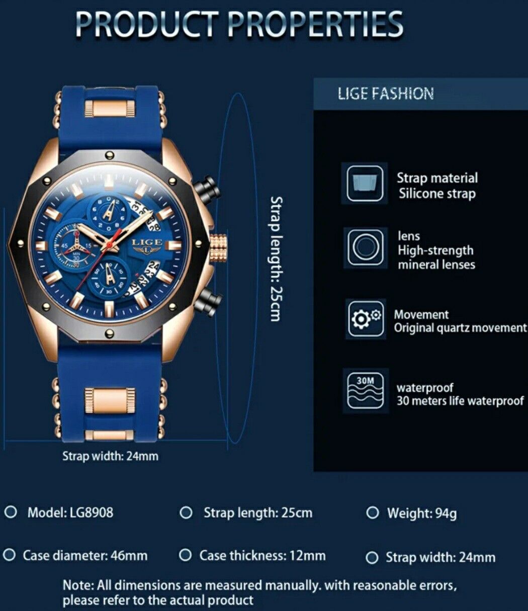 Mens Luxury Watch Chronograph Waterproof Sports Wristwatch Blue Gold LIGE 2024