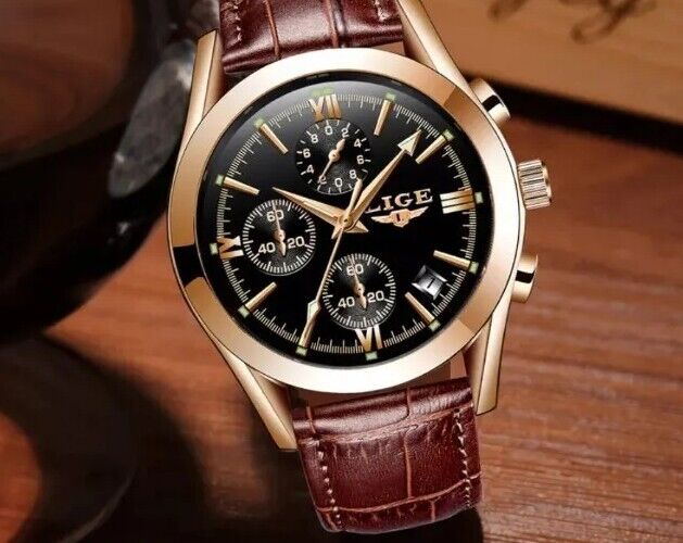 Mens Lige Chronograph Sports Waterproof Classic Quartz Leather Luxury Watch