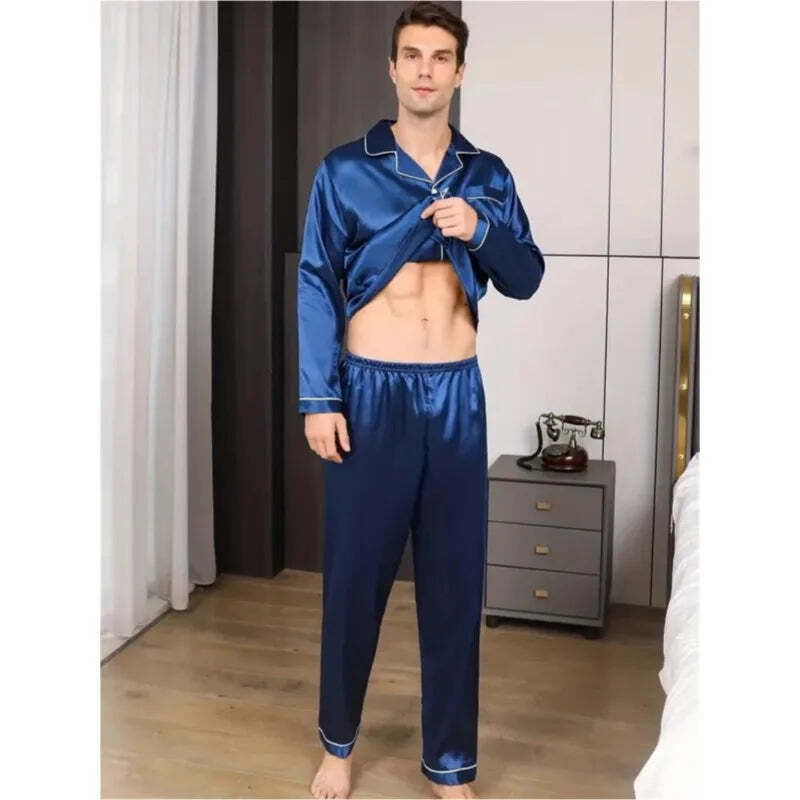 Men's Pyjamas Loungewear Set Silk Satin Nightwear Short Long Sleeved Blue Black