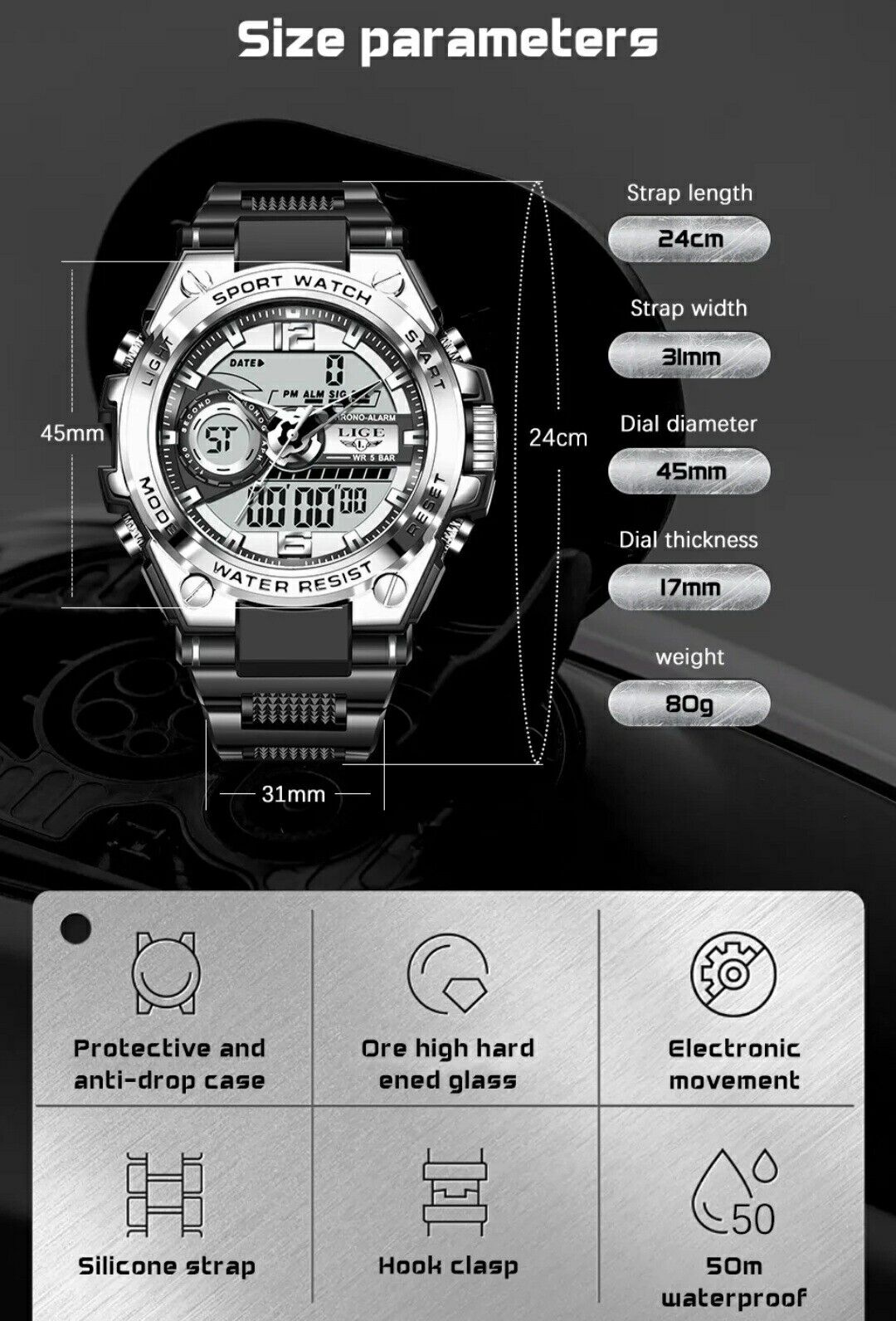 Mens Watches Digital and Analogue Waterproof Quartz Wrist Fashion Heavy Duty LED