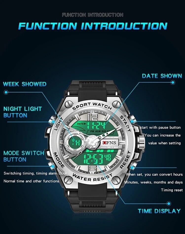 Mens Digital Watches Dual Analogue Waterproof Fashion Sports Wrist Watch LED