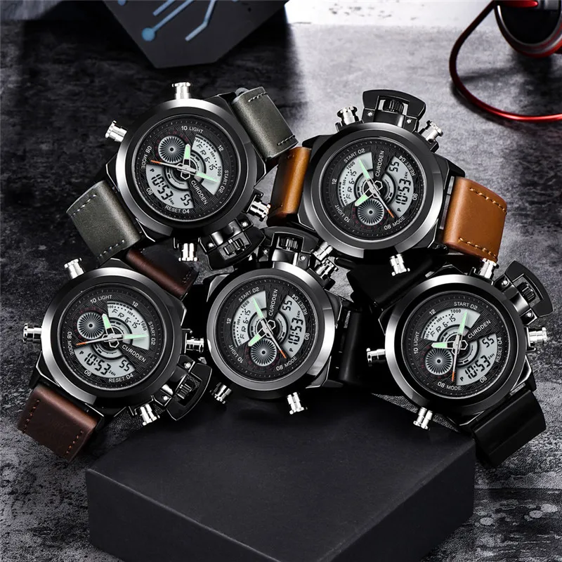 Mens  Dual Time Watches Fashion Leather Band Chronograph Military Multi-Function