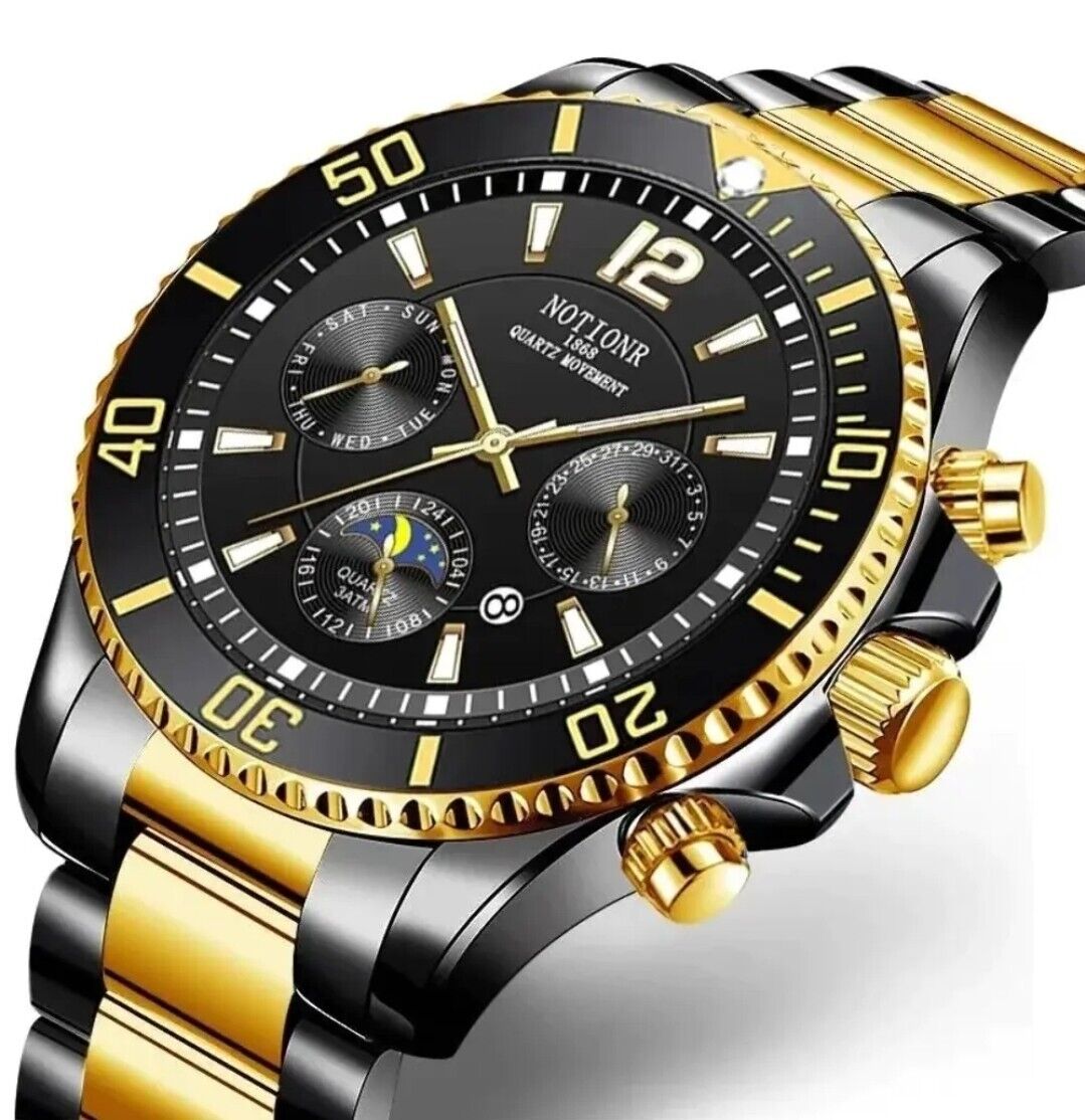 Mens Luxury Fashion Design Business Watch Stainless Steel Quartz Black Gold