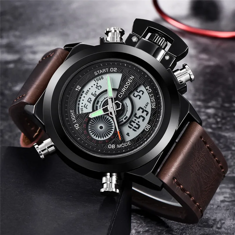 Mens  Dual Time Watches Fashion Leather Band Chronograph Military Multi-Function