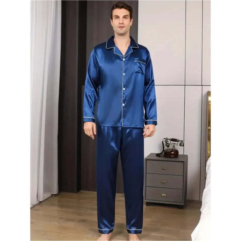 Men's Pyjamas Loungewear Set Silk Satin Nightwear Short Long Sleeved Blue Black