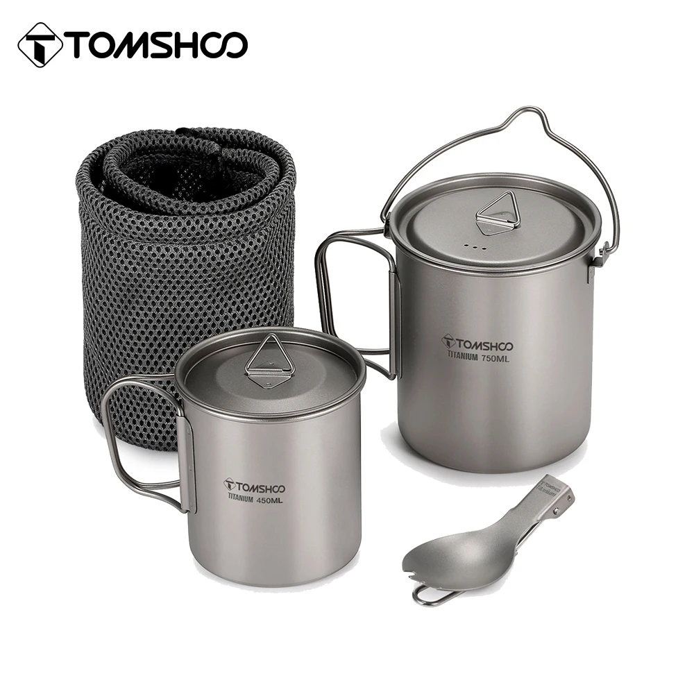 3 PCS Titanium Cookware Set Ultralight 750Ml Pot 450Ml Water Cup Mug W Lid Foldi