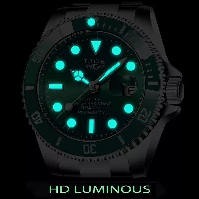 Men's Fashion Watch Analogue Quartz Waterproof Stainless Steel Green Silver