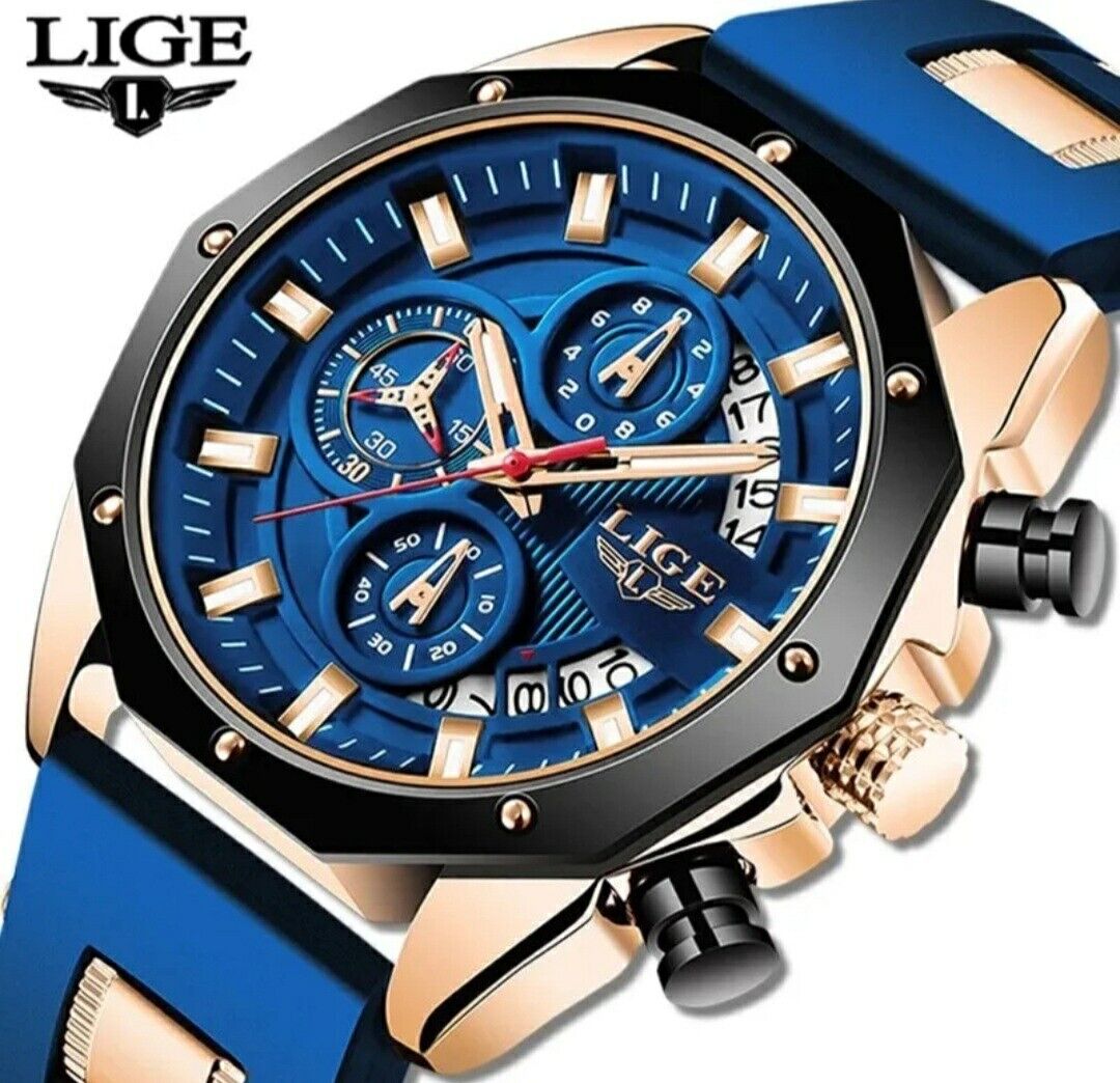 Mens Luxury Watch Chronograph Waterproof Sports Wristwatch Blue Gold LIGE 2024