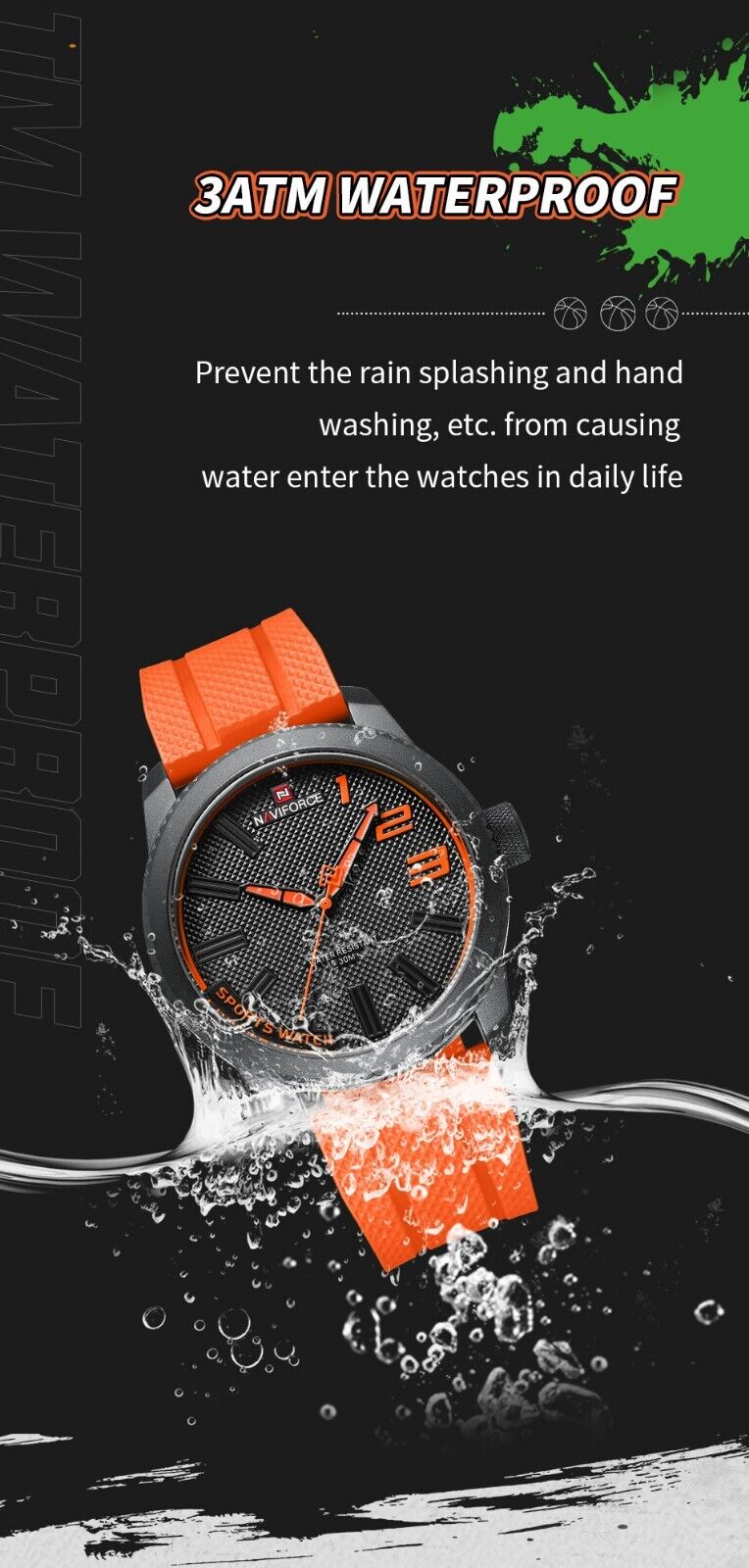 Men's Luxury Sports Style Fashion Watch Waterproof Quartz Silicone Strap ORANGE