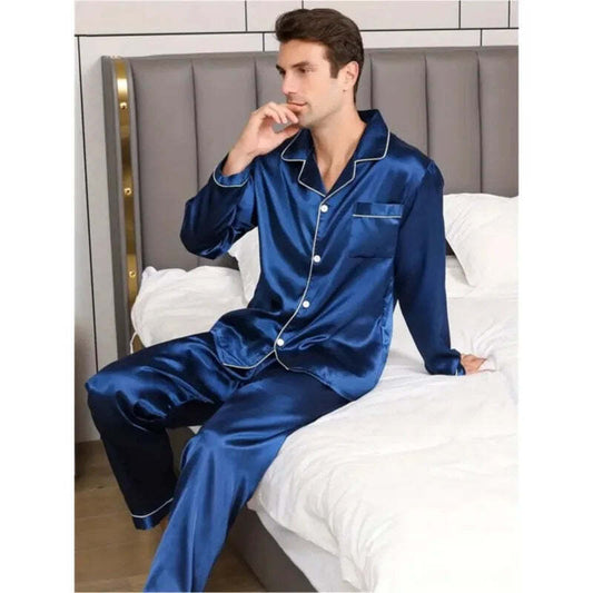 Men's Pyjamas Loungewear Set Silk Satin Nightwear Short Long Sleeved Blue Black