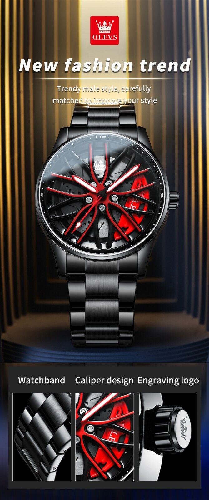 Mens Luxury Watch Waterproof Luminous Fashion Wristwatch Car Wheel Hub Design