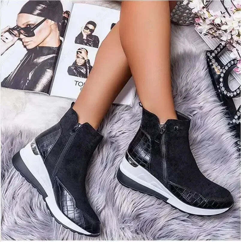 Womens Ankle Boots Wedge Platform Heel Chunky Ladies High Top Ankle Fashion 2024