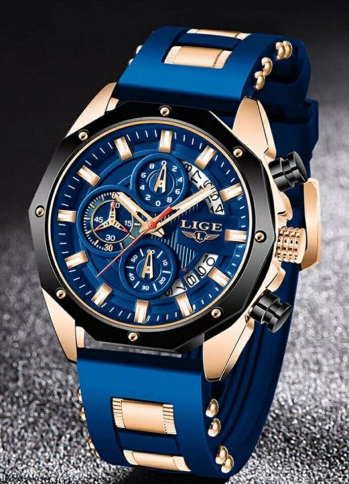 Mens Luxury Watch Chronograph Waterproof Sports Wristwatch Blue Gold LIGE 2024