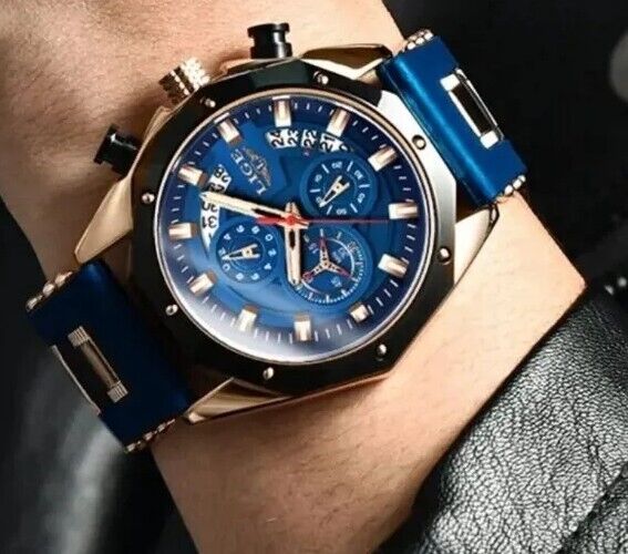 Mens Luxury Watch Chronograph Waterproof Sports Wristwatch Blue Gold LIGE 2024