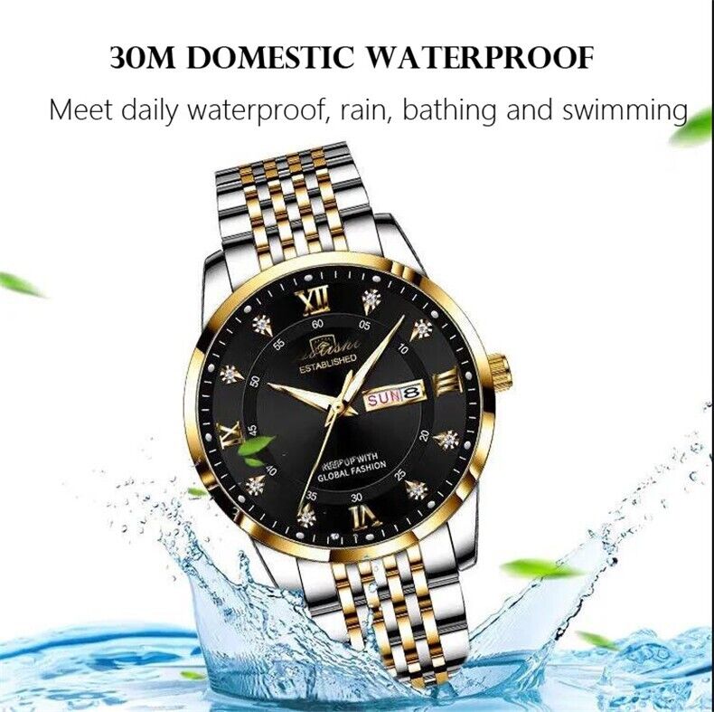 Mens Watch Stainless Steel Luxury Waterproof Wristwatch Luminous Quartz UK Stock