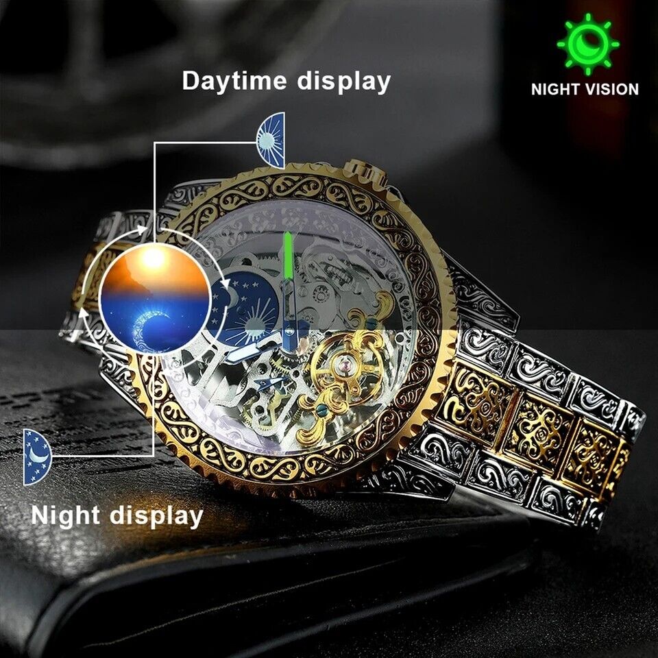 Mens Automatic Watch Mechanical Skeleton Fashion Wristwatch Moon Phase Luxury